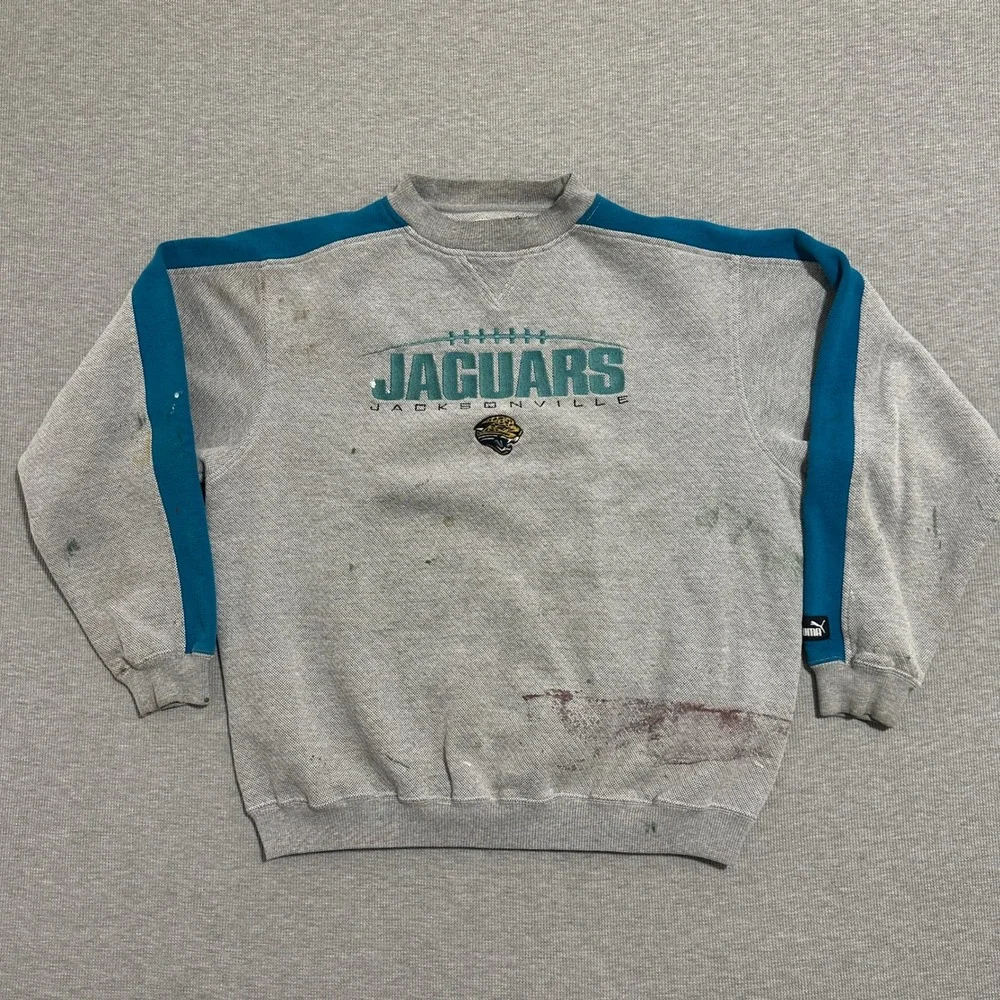 Thrashed Puma Jacksonville Jaguars NFL Crewneck Sweatshirt Teal Gray Mens Large - Picture 1 of 9